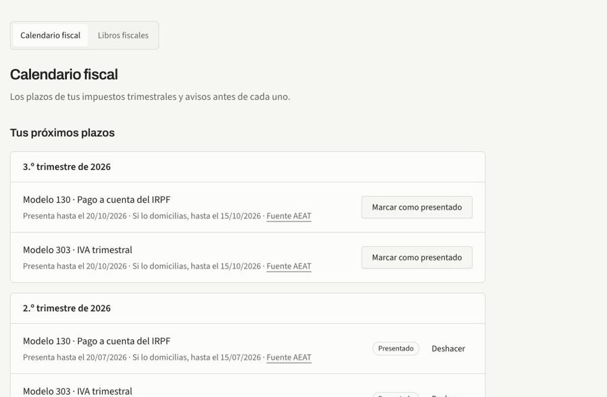 Calendario fiscal de Cuadra con los plazos del modelo 130 y del 303 por trimestre.