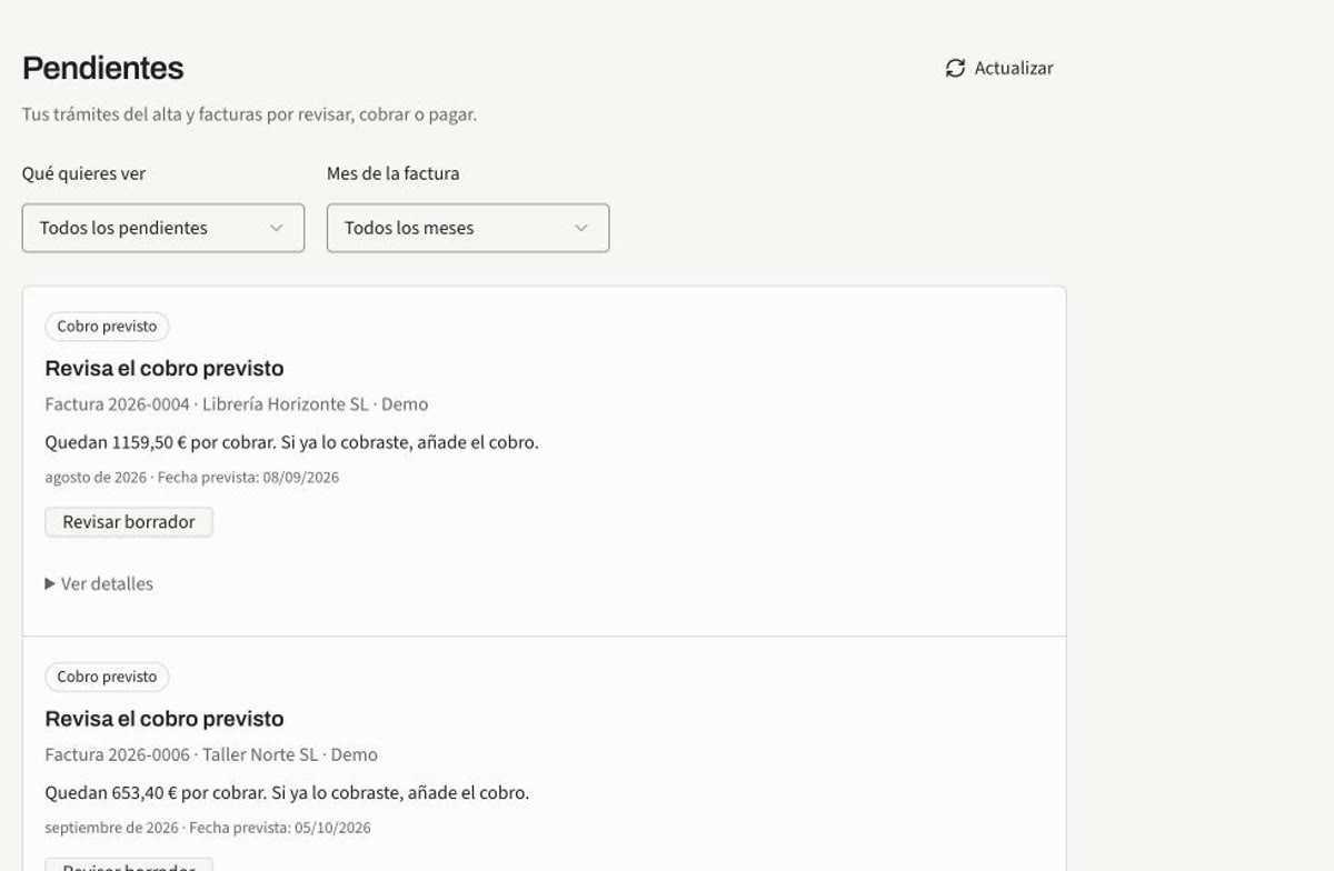 Lista de pendientes de Cuadra: cobros previstos y facturas por pagar.